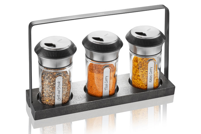 Set de 3 saupoudreuses à épices et herbes Gefu X-Plosion + support en acacia