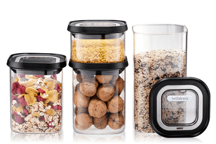 Set de 4 boîtes de conservation Gefu Pantry en verre borosilicate + 12 étiquettes autocollantes