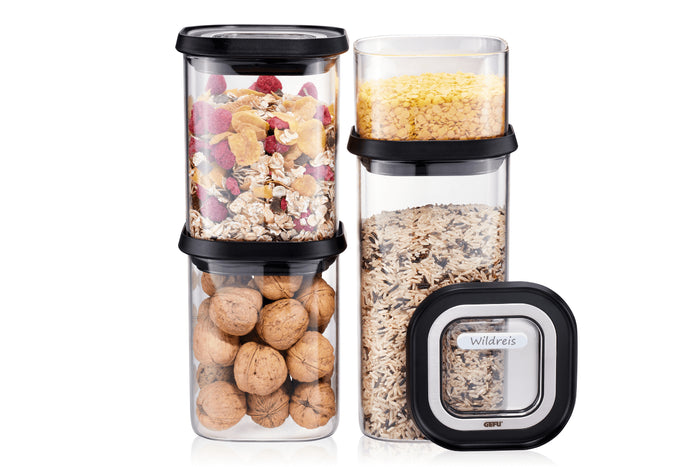 Set de 4 boîtes de conservation Gefu Pantry en verre borosilicate + 12 étiquettes autocollantes