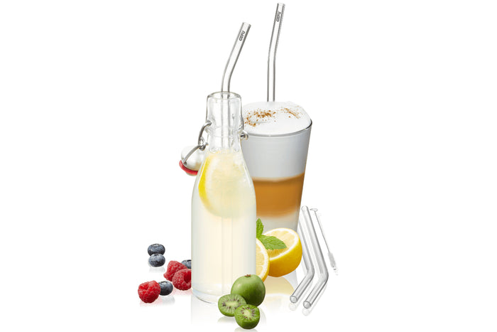 Set de 4 pailles courbées Gefu Future en verre transparent 23cm + brosse