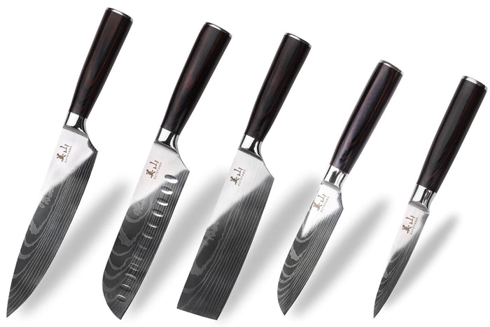 Set de 5 couteaux Kutoyama Black Pakka 1 office + 2 santoku + 1 nakiri + 1 chef