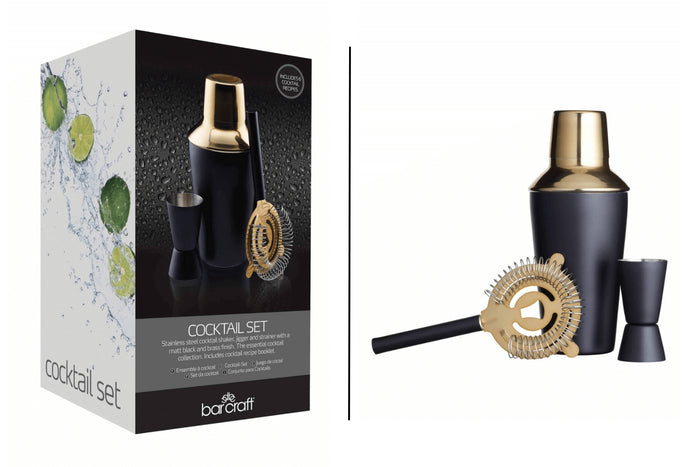 Set de fabrication de cocktails BarCraft 3 pièces en acier inox noir mat et doré + livret de recettes