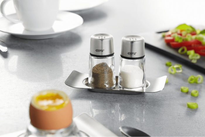 Set de salière et poivrière Gefu Brunch + support inox