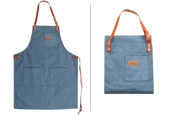 Tablier de cuisine Wusaki en toile bleue et cuir 83x67,5cm - Taille unique