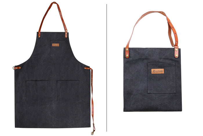 Tablier de cuisine Wusaki en toile noire charbon et cuir 83x67,5cm - Taille unique