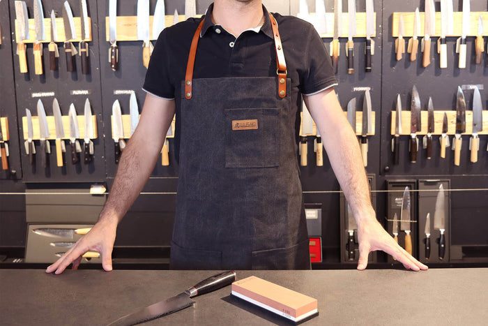 Tablier de cuisine Wusaki en toile noire charbon et cuir 83x67,5cm - Taille unique