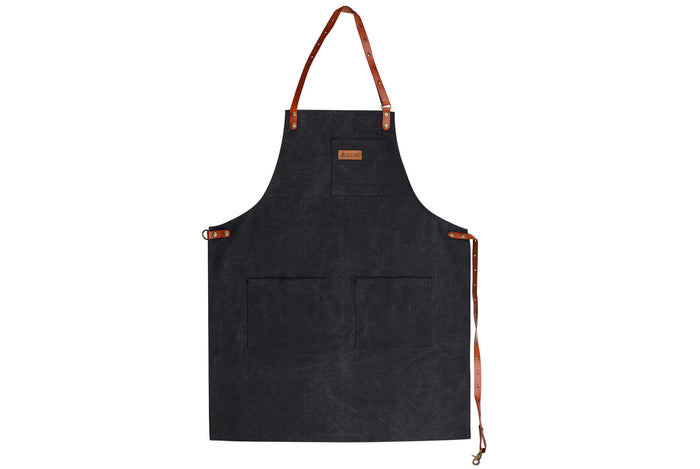 Tablier de cuisine Wusaki en toile noire charbon et cuir 83x67,5cm - Taille unique