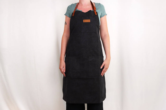Tablier de cuisine Wusaki en toile noire charbon et cuir 83x67,5cm - Taille unique