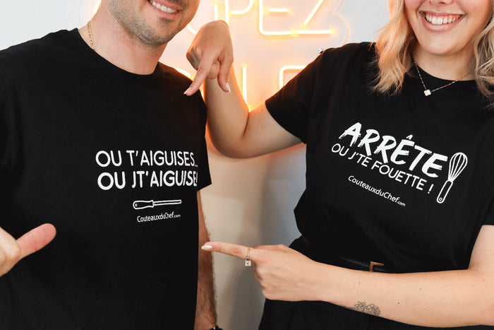 Tee-shirt officiel Couteauxduchef "Arrête ou j'te fouette !"