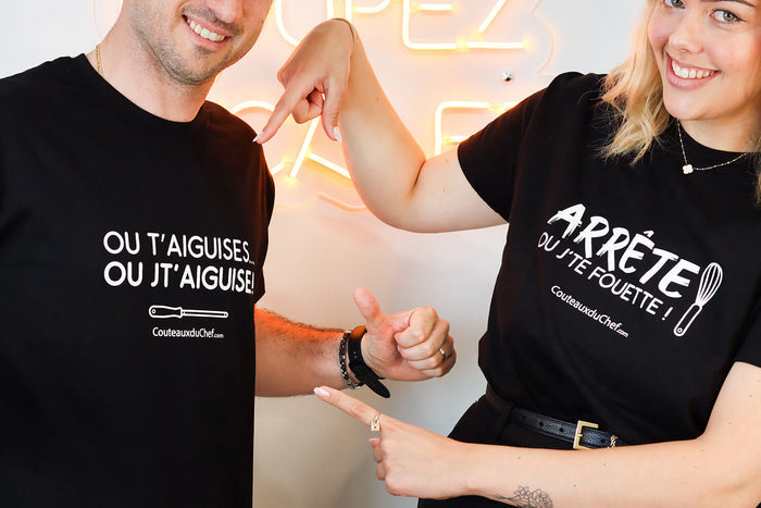 Tee-shirt officiel Couteauxduchef "Arrête ou j'te fouette !"