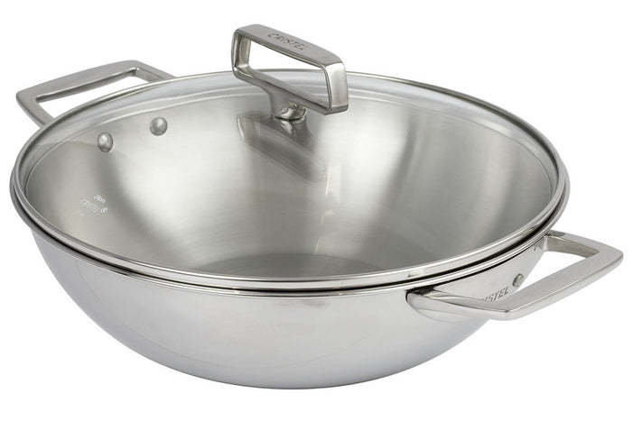 Wok Cristel Castel'Pro 28cm en acier inoxydable 18/10 3 ply 2 anses fixes avec couvercle