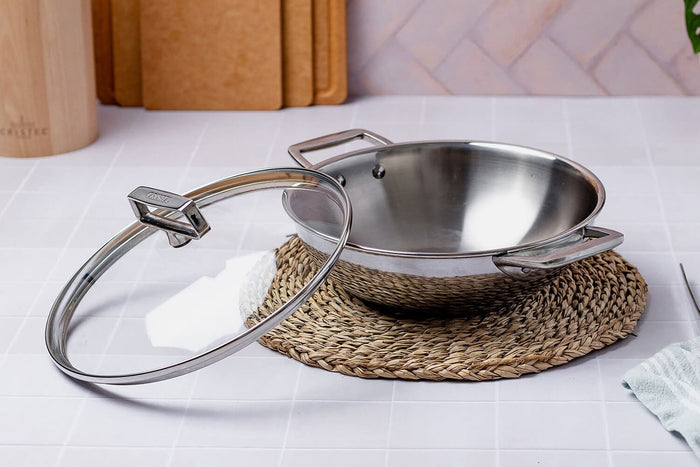 Wok Cristel Castel'Pro 28cm en acier inoxydable 18/10 3 ply 2 anses fixes avec couvercle